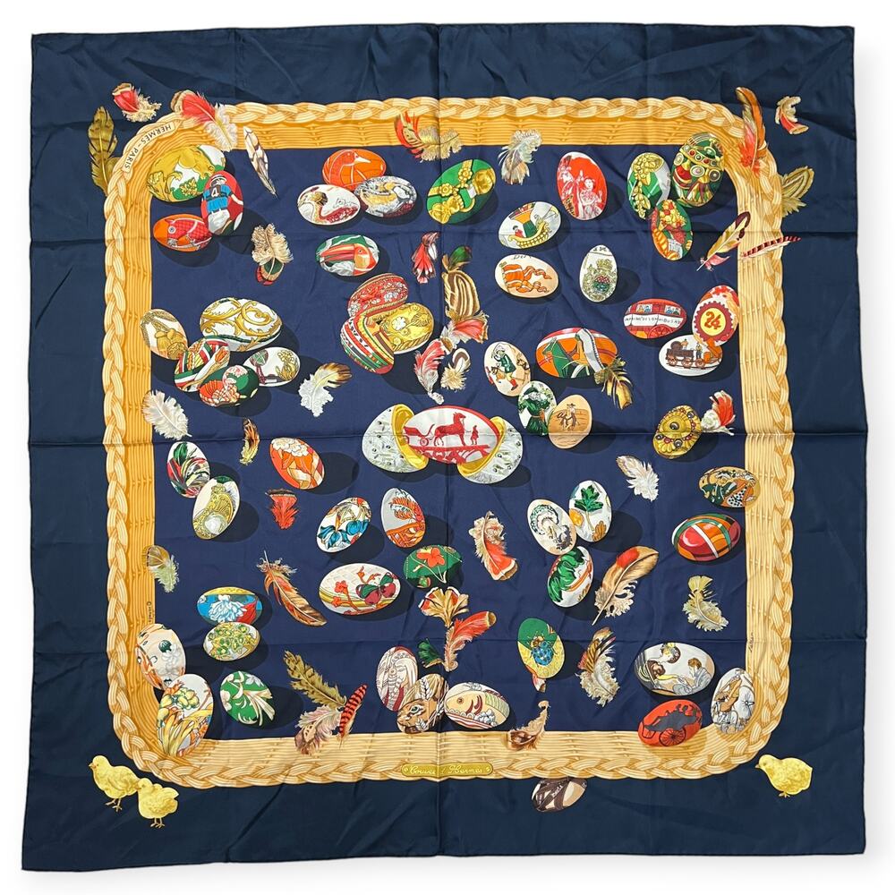 Hermes Couvee d'Hermes Silk Scarf 90cm Navy Eggs Feather France Vintage France